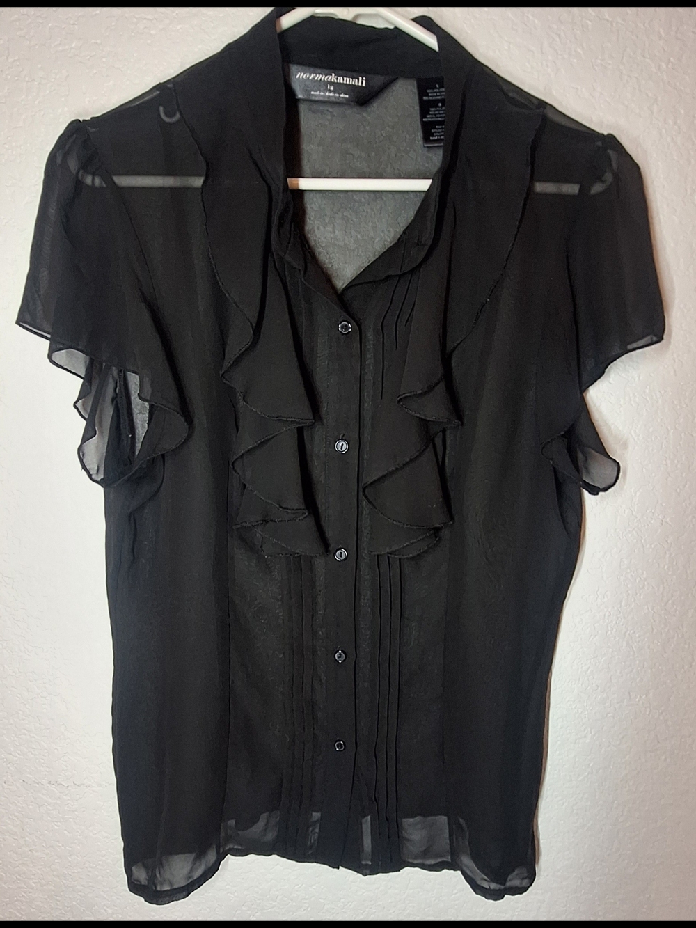 Norma Kamali Black Sheer Pleated Blouse Top Size Large (L) Style NK410102